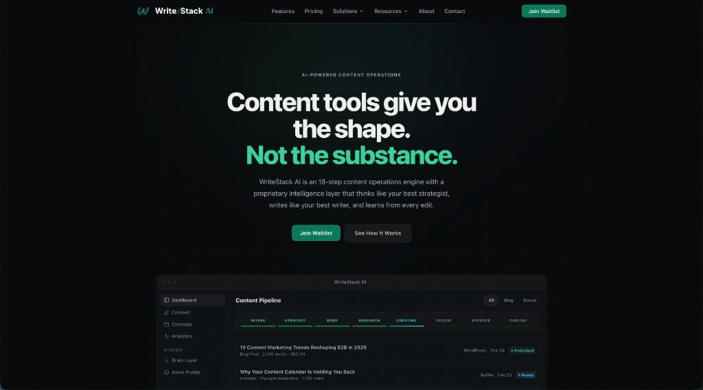 WriteStack.ai homepage on desktop.