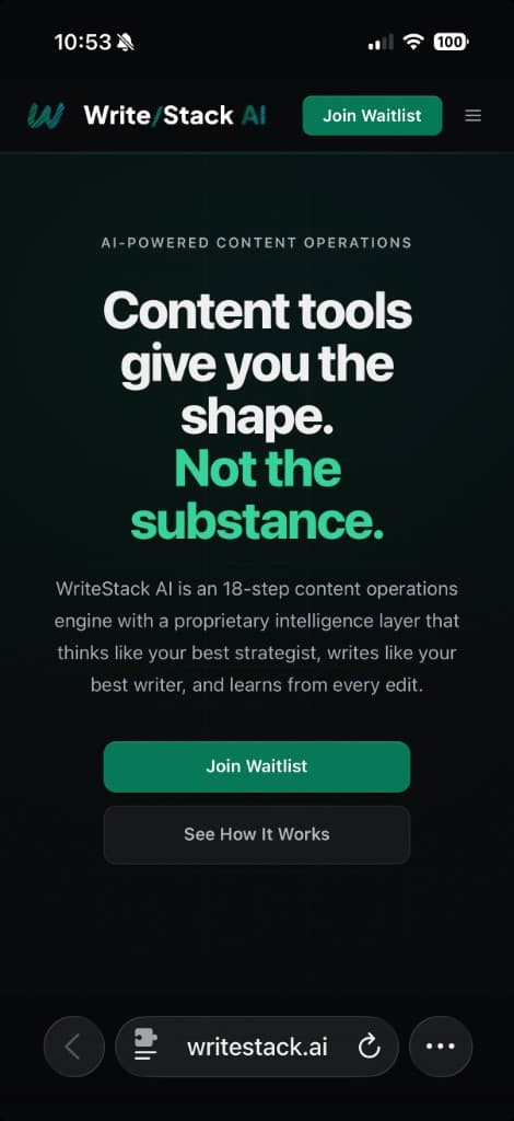 WriteStack.ai homepage on mobile.